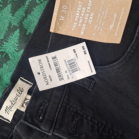 Madewell Nordstrom High Rise Black Jeans W30 Vintage New W/Tags Wide Leg Crop - Picture 4 of 6